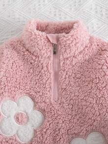 Sweatshirt Kasual Fashion Anak Perempuan, Model Setengah Resleting, Bahan Fleece Tebal, Kerah Tegak, Musim Gugur/Dingin - Berwarna merah muda - View 5