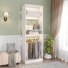 Closet System Organizer, Wooden Freestanding Wardrobe Furniture, Bedroom Dressing Room Organization, Double Hanging Clothes Rods Adjustable Shelves, Modern Style, Natural Wood, - White - View 3