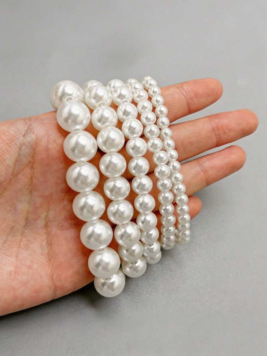 Multi-Piece Elastic ABS Faux Pearl Korean Style Bracelet French Style Handmade Versatile Minimalist Bracelet Jewelry DIY - White - View 1
