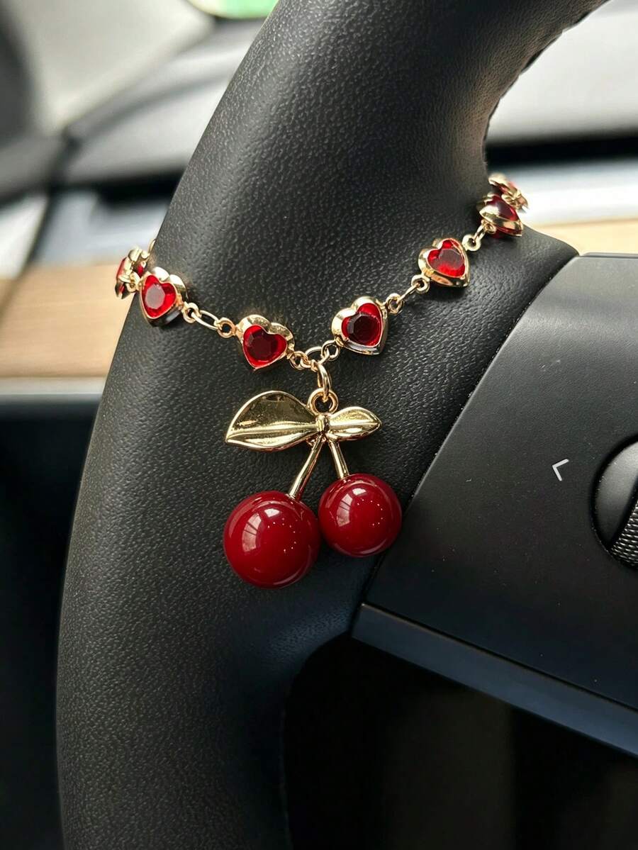 Red Cherry Car Hanging Ornament Cute Style Steering Wheel Decoration Pendant Premium Feel Women's Car Interior Decoration Accessory - A - View 1