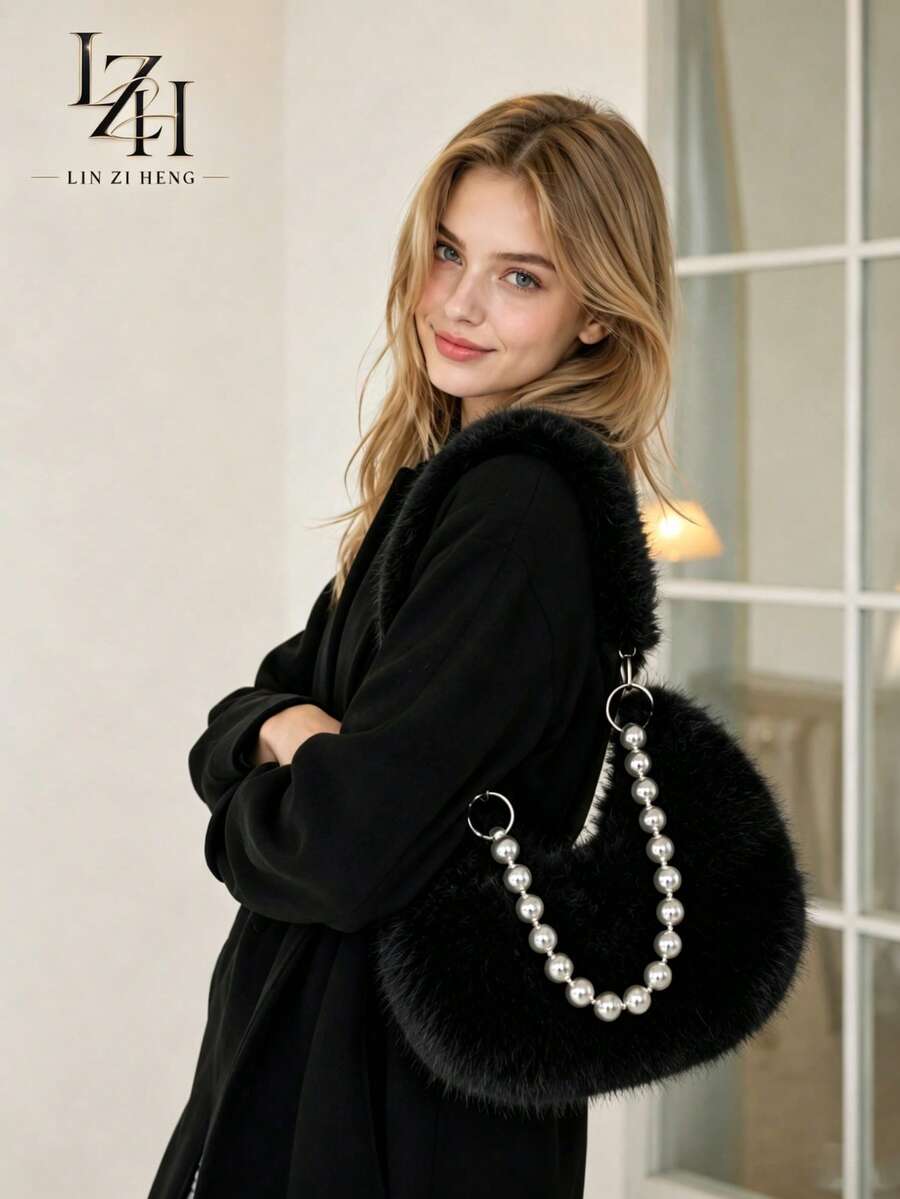 Black Faux Fur Crescent Shoulder Bag For Women, Fluffy Winter Handbag With Beaded Chain, Stylish Versatile Crossbody Bag - Black - View 1