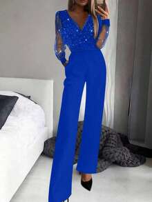 Women's Sexy Black Sequin Mesh Jumpsuit With Deep V-Neck Spring Elegant - Royal Blue - View 9