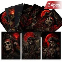 24pcs + A Red Envelope Mysterious Dark Pirate Halloween Postcards, Skeleton Captain And Red Moon Background, Printed With Happy Halloween, Suitable For Friends, Gothic Art Style - Sets - View 12
