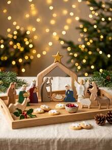 Wooden Christmas Miniature Figurines, Minimalist Bohemian Style Desktop Christmas Nativity Scene Decoration, Suitable For Indoor Home, Fireplace Mantel, Tray Decor, Dining Table, Bookshelf, Office - Multicolor - View 7