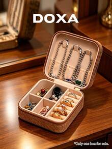 DOXA 復古印花便攜式珠寶收納盒，旅行拉鍊珠寶收納盒，戒指項鍊耳環小型展示收納盒 - 棕色1 - 查看 6