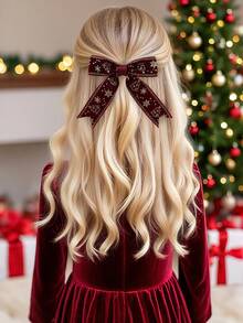 2PCS Christmas Snowflake Tulle Streamer Bows For Girls Festive Grosgrain Ribbon Decor Alligator Clips Holiday Party Hair Clips Kids Hair Accessories - Red - View 3