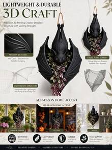 1pc Bat Shaped Hanging Planter, Gothic Halloween Style Hanging Flower Pot Rack, Black Bat Hanging Basket Vase, Suitable For Succulents And Vines, Applicable For Indoor And Outdoor Decoration, Home Decor, Garden Ornament - View 7