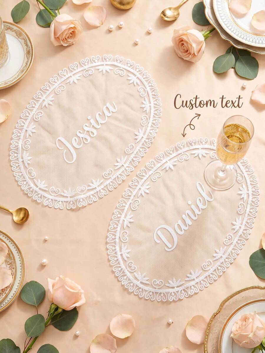1pc Personalized Custom Text Lace Wedding Placemat, White Lace Mesh Table Mat, Custom Guest Table Decoration For Wedding Bridal Shower - Multicolor - View 1