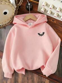 Young Girls Halloween Bow, Ghost, Pumpkin & Spider Pattern Print Hooded Sweatshirt, Autumn/Winter Top - Pink - View 3
