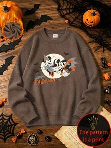 Disney Women's Plus Size Casual Knit-Like Top, Soft And Comfortable Fabric, Suitable For Autumn/Winter Wear, Printed With Halloween Mickey And Minnie Mouse Pattern - Brown - View 1