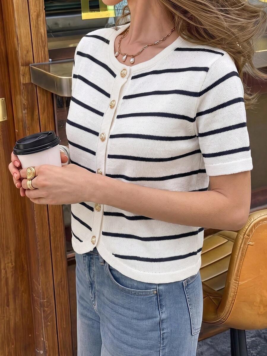 Plus Size Women's Round Neck Striped Single Breasted Casual Versatile Daily Knit Top - White - View 1