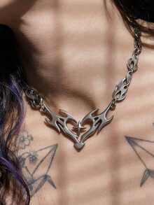 1pc Punk Silver Hollow Flame Heart Pendant, Hiphop Party Jewelry, Valentine's Day Gift - Silver - View 12