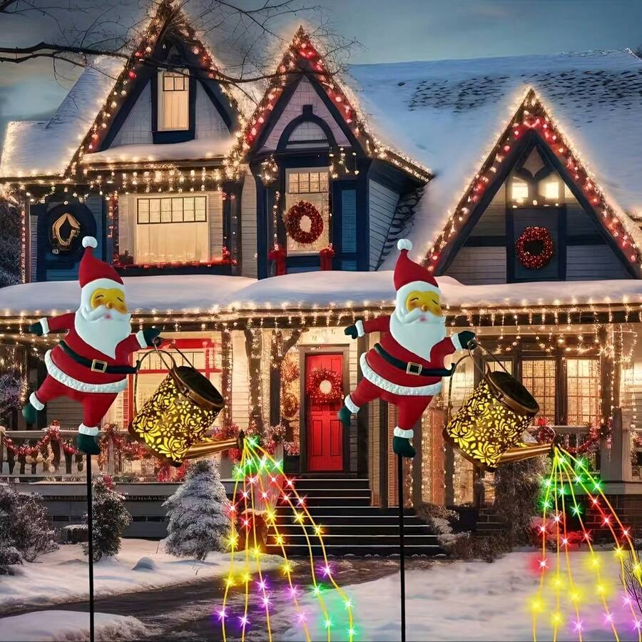 1pc Santa Watering Can Solar Fairy Light, Metal Waterfall LED Light, Solar Powered Christmas Decoration, Outdoor Garden Patio Yard Lawn Holiday Party Festival Decor - Santa Claus - View 1