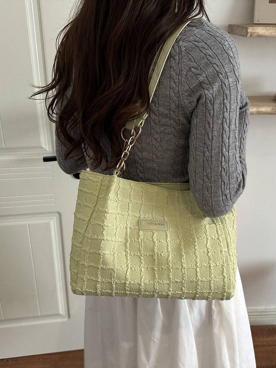 Fashion Striped Handbag - Women's Large Capacity Shoulder Bag - Daily Use Zipper Handbag Metal Chain Tote Bag - Green - View 1