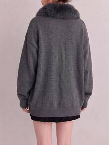 Women's Autumn/Winter Casual Elegant Fur Collar Design Loose Knit Cardigan Jacket - Grey - View 2