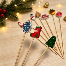 100/65pcs Christmas Tree Cocktail Picks, Multi-Functional Bamboo Toothpicks, Appetizer, Food Picks, Fruit Skewers, Suitable For Thanksgiving, Halloween, Christmas Party Food Decoration, Christmas Gift First Choice. - Multicolor - View 1