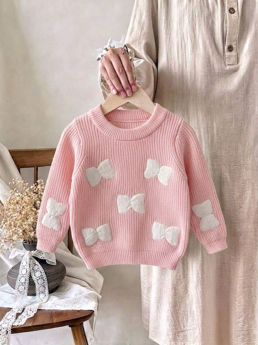 Girls Cute Solid Color Bow Embroidery Long Sleeve Crew Neck Knit Pullover Sweater, Suitable For Casual Daily Wear In Spring, Autumn And Winter - Pink - View 1
