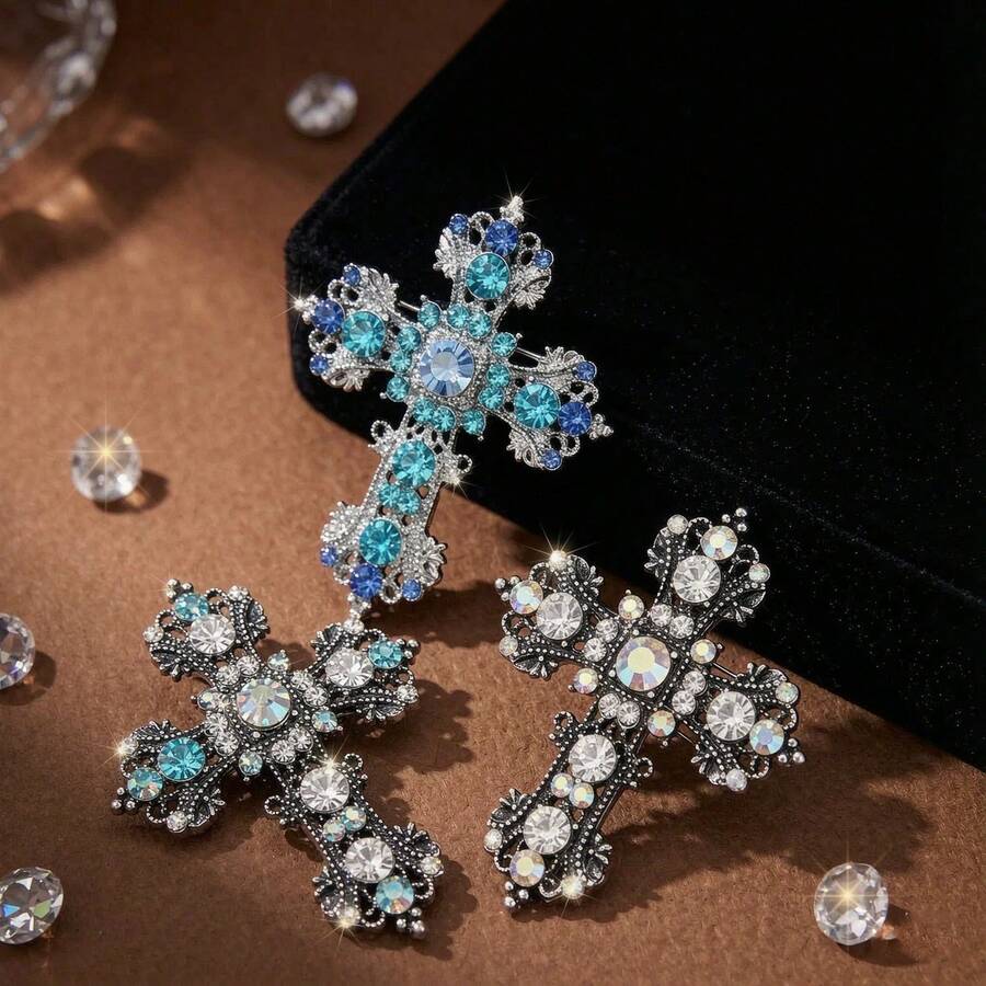 Cross-Border Hot Selling Vintage Distressed Silver Cross Brooch Aurora Rhinestone Hollow Carved Large Pin Gothic Church Style Suit Shawl Corsage Accessory - Cross Brooch 350 - View 1