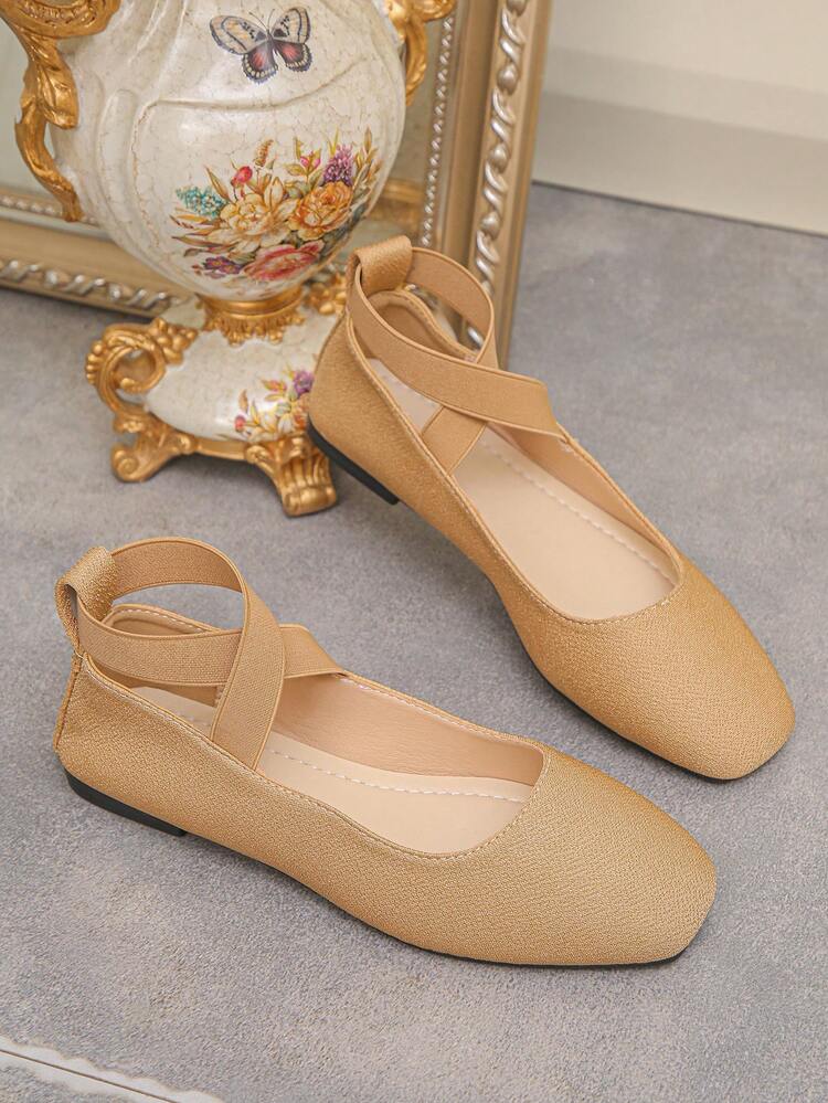 Spring/Autumn New Women's Apricot Flat Shoes With Cross Elastic Strap, Square Toe Slip-On, Soft Versatile Ballet Style Mary Jane Shoes - Apricot - View 7