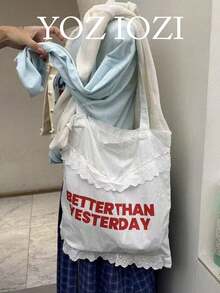 返校季復古圓點愛心帆布托特包，大容量拼色百搭手提包、肩背包、腋下包，適合大學生、女學生校園使用 - 白色 - 查看 1