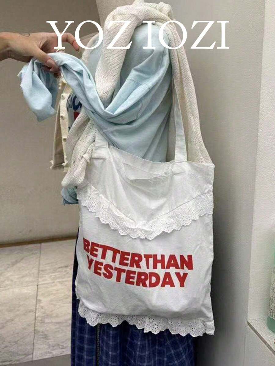 返校季復古圓點愛心帆布托特包,大容量拼色百搭手提包、肩背包、腋下包,適合大學生、女學生校園使用 - 白色 - 查看 1