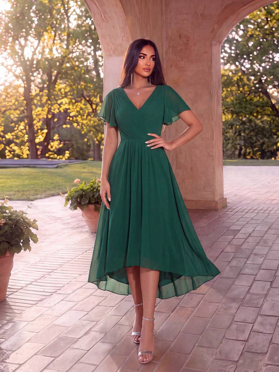 EVERPRETTY Women's Elegant High-Low Chiffon Bridesmaid Dress, V-Neck Ruffle Sleeve Bridesmaid Dress, Autumn Wedding Guest Dress - Dark Green - View 1