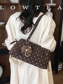 low tea 1pc Polka Dot Square PU Fabric Shoulder Bag, Suitable For Commuting, Shopping, Etc. (With Pendant) - Coffee - View 12
