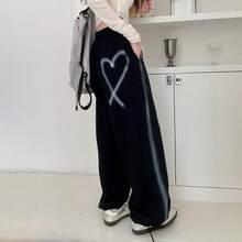 Women's Heart Graffiti Drawstring Loose Straight Leg Casual Sweatpants, Autumn Clothing - Black - View 7
