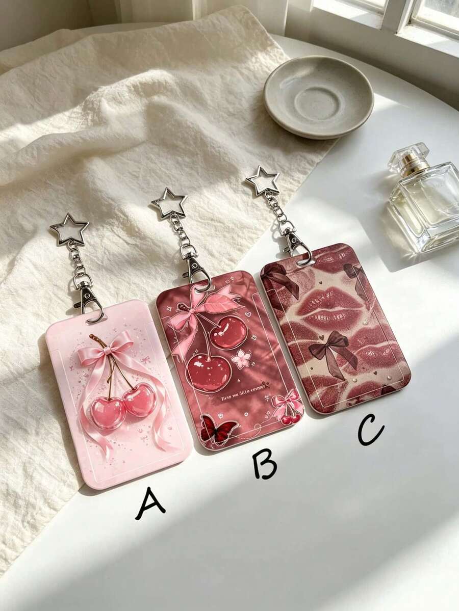 1pc Cherry Red Lip Bow Card Holder, Star Metal Chain Hard Shell Protective Case For Student ID, Access Card, Bus Card, Badge, Backpack Charm, Back To School Essential For Office Workers And Students, Daily Use And Gift - Rectangle - View 1