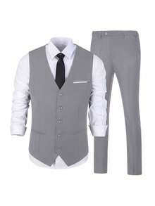 Men 3 Pieces Business Wedding Suits, 2 Button Single Breasted Blazer V-Neck Vest Straight Pants, Daily Repeated Formal Wear - Light Grey - View 4