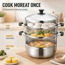 Panci Kukus 3 Tingkat Bertumpuk dari Stainless Steel, Tinggi 28cm (11,02 inci), Panci Masak Multi-Lapisan dengan Tutup Kaca Tempered, Peralatan Masak Serbaguna untuk Kompor Gas & Kompor Induksi, Ideal untuk Mengukus Sayuran, Makanan Laut, dan Penggunaan Dapur Rumah Tangga Sehari-hari - View 7