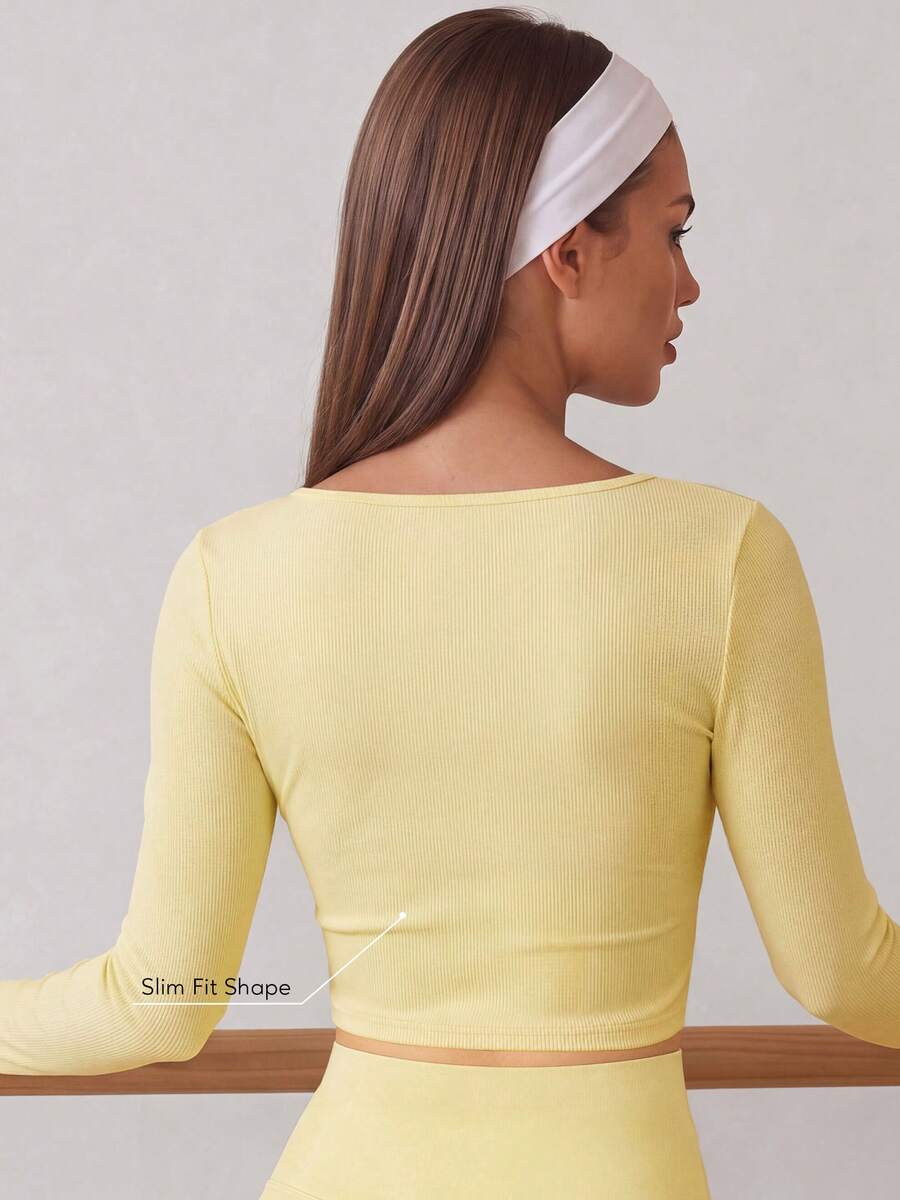 Sodalemon Women's Long Sleeve Front Knot Yoga T-Shirt Ribbed Training Gym Top Solid Color Fitness Activewear - Yellow - View 1