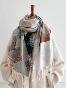 1pc Paisley Square Jacquard Tasseled Thick Scarf 65*195cm, Polyester Core‑Spun Yarn, Fall Winter Shawl For Travel Party Outing, Wear As Scarf Shawl - Multicolor - View 3