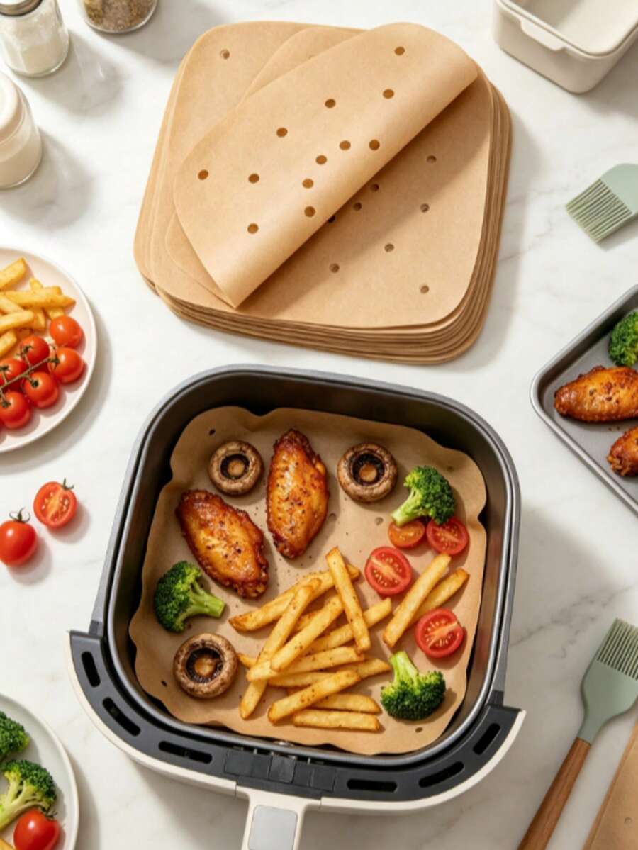 100/50/1pc Square Perforated Air Fryer Baking Tray, Minimalist White Square Perforated Oil-Absorbing Paper And Steaming Paper, Suitable For Daily Cooking, Party Snacks And Holiday Gatherings