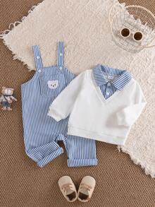 2pcs/Set Setelan Bayi Laki-laki Preppy Motif Beruang Lengan Panjang dan Celana, Gaya Kembali ke Sekolah Musim Gugur - Biru - View 2
