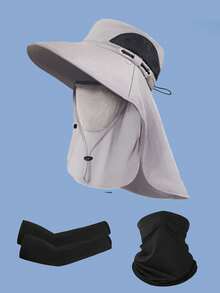 3pcs Set Sun Hat + Arm Sleeves + Neck Gaiter, Unisex, Bucket Hat, UPF 50+, Foldable, Sun Protection, Suitable For Hiking, Beach, Fishing And Other Summer Activities - Multicolor - View 3