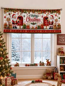 1pc Letters To Santa Christmas Kitchen Valance, Nostalgic North Pole Polyester Rectangular Rod Pocket Window Topper With Santa Mailbox Gift Boxes & Holly, Festive Short Curtain For Dining Room Family Christmas Deco - Multicolor - View 5