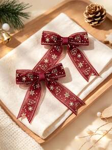 2PCS Christmas Snowflake Tulle Streamer Bows For Girls Festive Grosgrain Ribbon Decor Alligator Clips Holiday Party Hair Clips Kids Hair Accessories - Red - View 2
