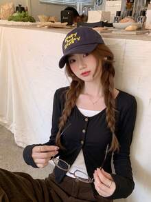 甜美可愛 2合1拼接長袖女款秋季上衣 - 黑色 - 查看 2