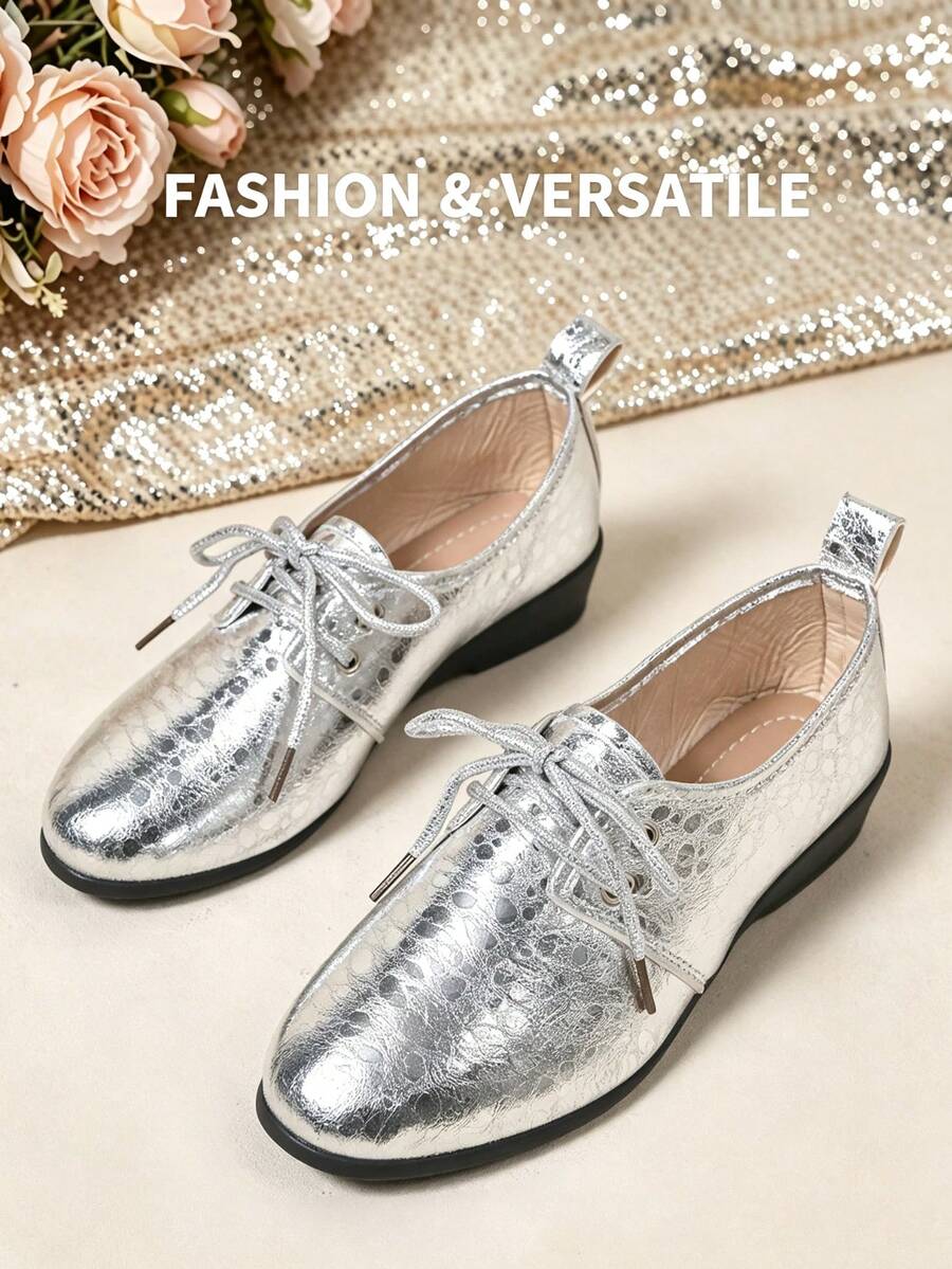 Women's Shiny Metallic Silver Pointed Toe Wedge Loafers, Vintage Lace-Up Commuter Versatile Shoes For Spring And Autumn - Silver - View 1