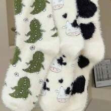 1/3/6 Pairs Cute Cow Socks, Polka Dot Socks, Dinosaur Socks, Printed Fleece Mid-Calf Socks, Women's Mid-Calf Socks, Halloween Gift - Multicolor - View 4