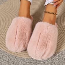 Women's Autumn/Winter Milk Tea Color Split Toe Pig-Hoof Closed-Toe Fuzzy Slippers, Soft Thick Faux Rabbit Fur Mule Flat Non-Slip Slouchy Slip-On Slippers, Indoor Warm Thermal Slippers For Home/Dorm, Simple Solid Color Versatile Casual Shoes For Outdoor Wear - Pink - View 3