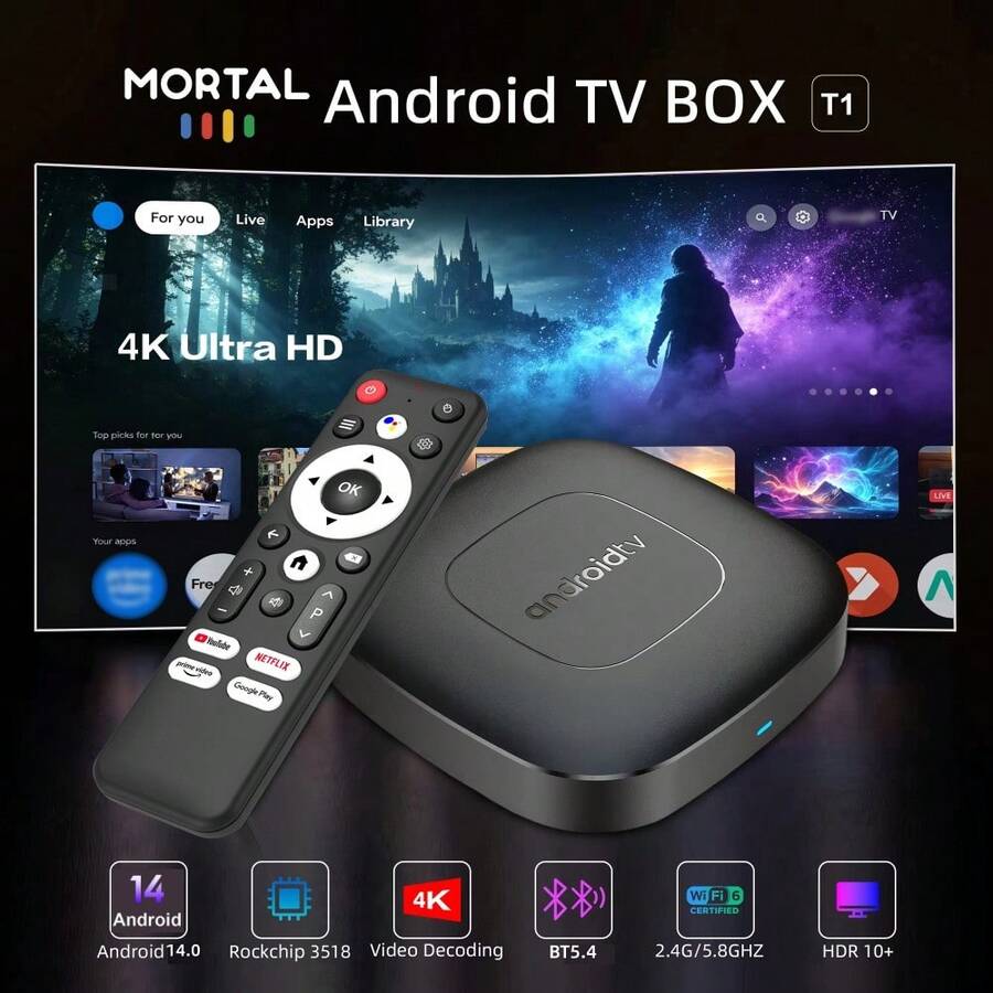 Set-Top Box Jaringan Baru T1 Chip RK3518 Android 14.0 2.4G&5G Dual-Band WIFI6 RAM 2G Penyimpanan 16G Bluetooth 5.4 Kontrol Jarak Jauh Suara Bluetooth Pemutar Media 4K Set-Top Box TV - Hitam - View 1