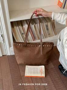 2026 Spring New Coffee Brown & Black Suede Vintage Large Capacity Business Commute Women's Shoulder Underarm Bag - Coffee - View 3