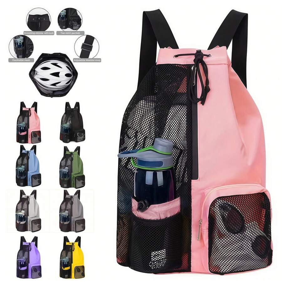 1PC Mesh Drawstring Swim Backpack With Wet Pocket Large Beach Gym Bag With Water Bottle Holder - Mesh Drawstring Swimming Backpack With Wet Bag - View 1