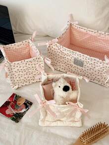 Quilted Storage Basket With Bow Decor, Fashionable Desktop Organizer Box, Large Capacity Floral Polka Dot Pattern Storage Bin, Suitable For Bedroom Vanity To Store Skincare Products And Miscellaneous Items, Foldable Home Storage Basket - Multicolor - View 8