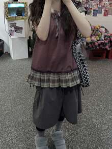 Vintage Japanese Style Workwear Large Pocket Elastic Waist Skirt - Grey - View 4