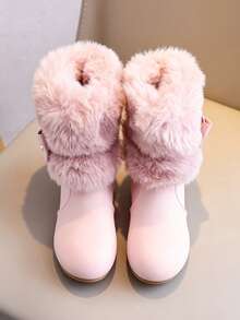 RS Pink Girls' Faux Fur Collar Mid-Calf Boots With Bow & Pearl Decor, Side Zipper, Low Block Heel, Faux Leather, Winter Dress Boots For Party & Daily Wear - Pink - View 2