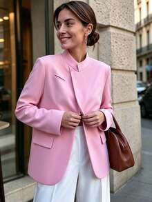 Women's Autumn/Winter Pink Blazer With Exaggerated Padded Shoulder Design, Asymmetrical Single-Button Collar With High Neckline And Diagonal Fall - Pink - View 6