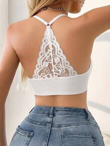 Wavy Lace Trim Racerback Wireless Bra, Ribbed V-Neck Tank Top Style Lingerie, Adjustable Shoulder Straps, Fixed One-Piece Padding, Suitable For Daily Casual Wear - White - View 4